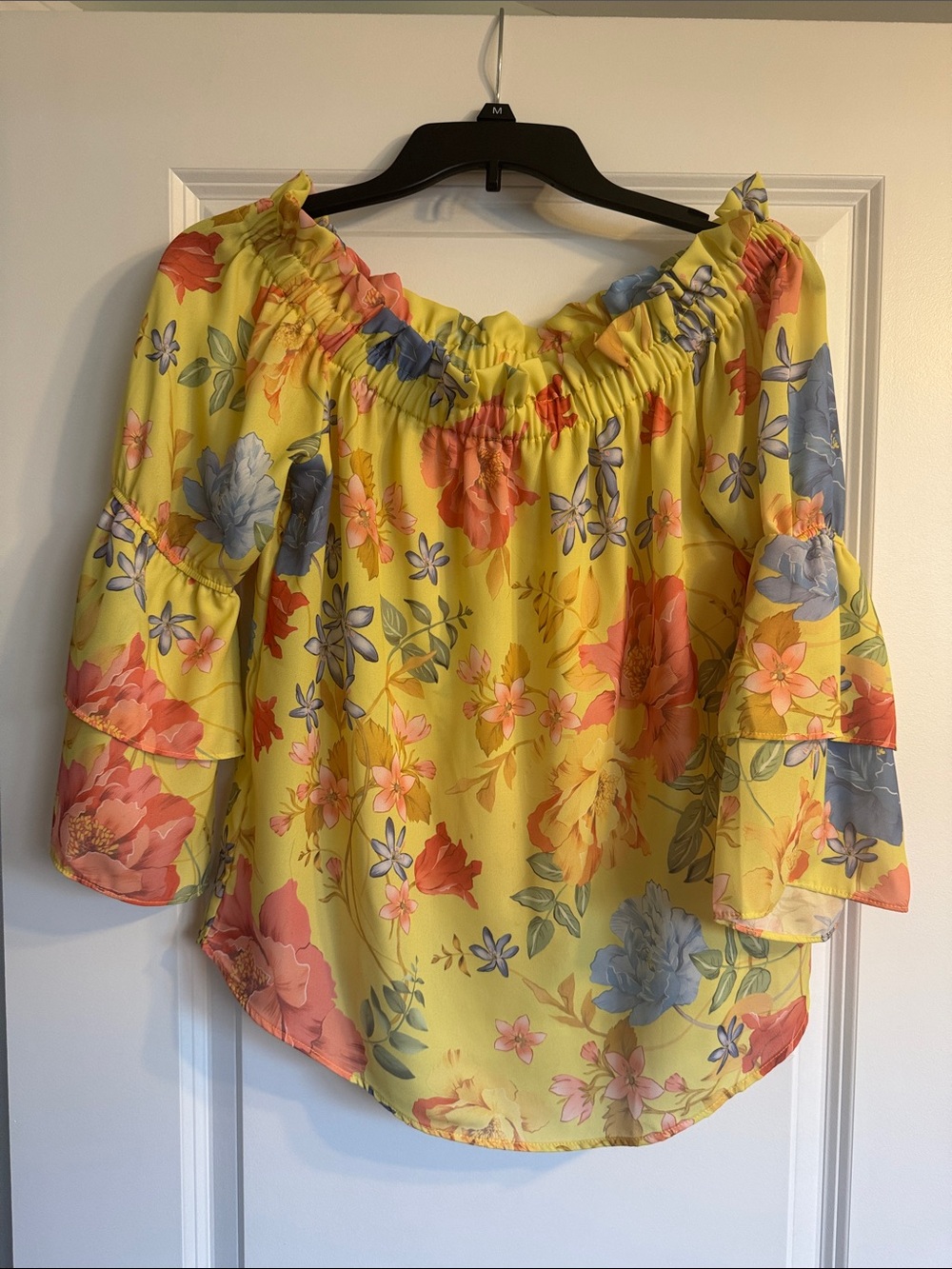 New York & Company Yellow Floral Off-Shoulder Blouse with Coral & Blue Accents